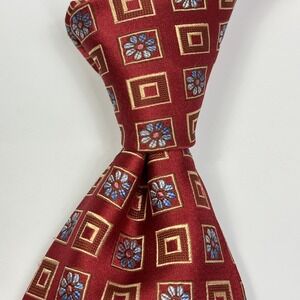 ERMENEGILDO ZEGNA 100% Silk Men's Neck Tie Floral Geometric Squares Red‎ EUC
